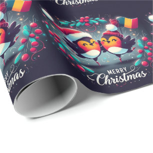 Santa Robins holding the Romanian Flag Wrapping Paper