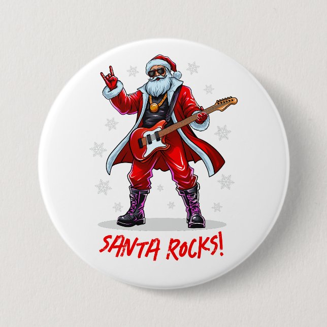 Santa Rocks! Funny Santa Claus playing guitar 3 Inch Round Button (Front)