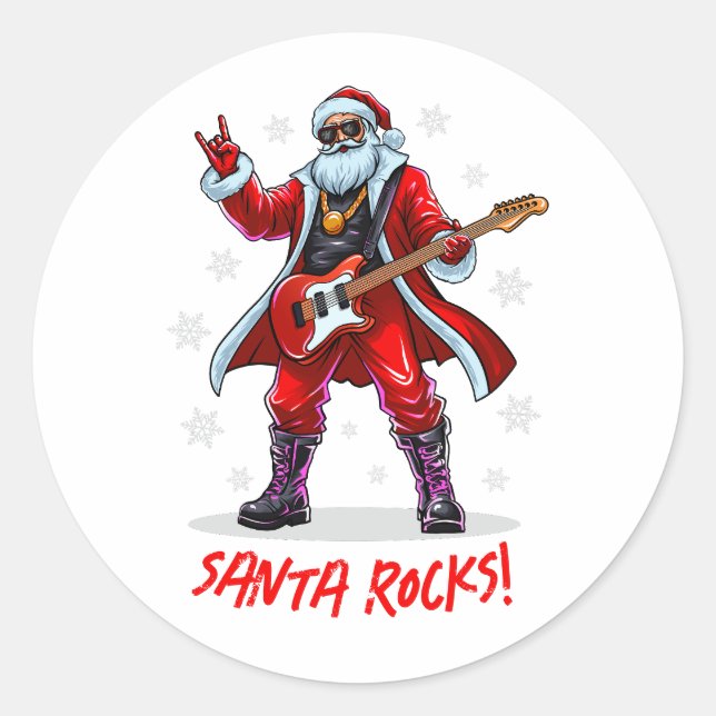 Santa Rocks! Funny Santa Claus playing guitar Classic Round Sticker (Front)