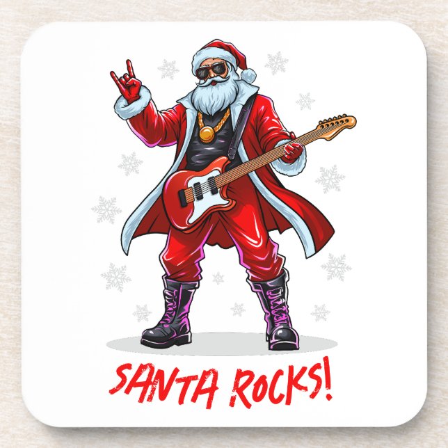 Santa Rocks! Funny Santa Claus playing guitar Coaster (Front)