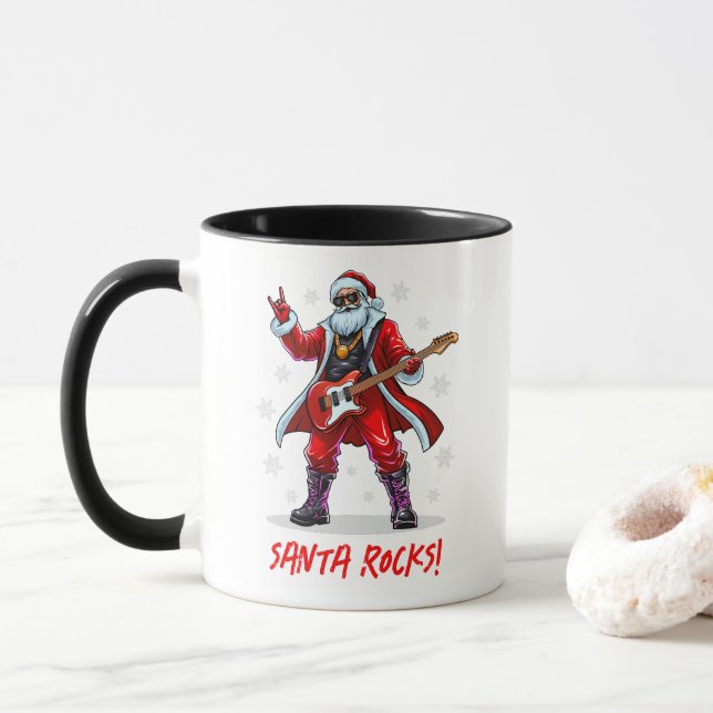 Santa Rocks! Funny Santa Claus playing guitar Mug (With Donut)