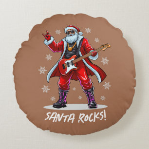 Santa Rocks! Funny Santa Claus playing guitar Round Pillow