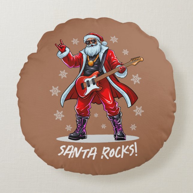 Santa Rocks! Funny Santa Claus playing guitar Round Pillow (Front)