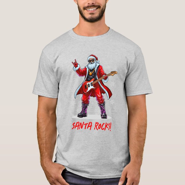 Santa Rocks! Funny Santa Claus playing guitar T-Shirt (Front)