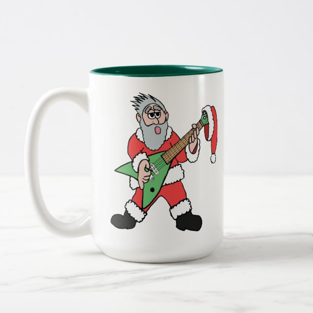 Santa Rocks Guitar Christmas Two-Tone Coffee Mug (Left)