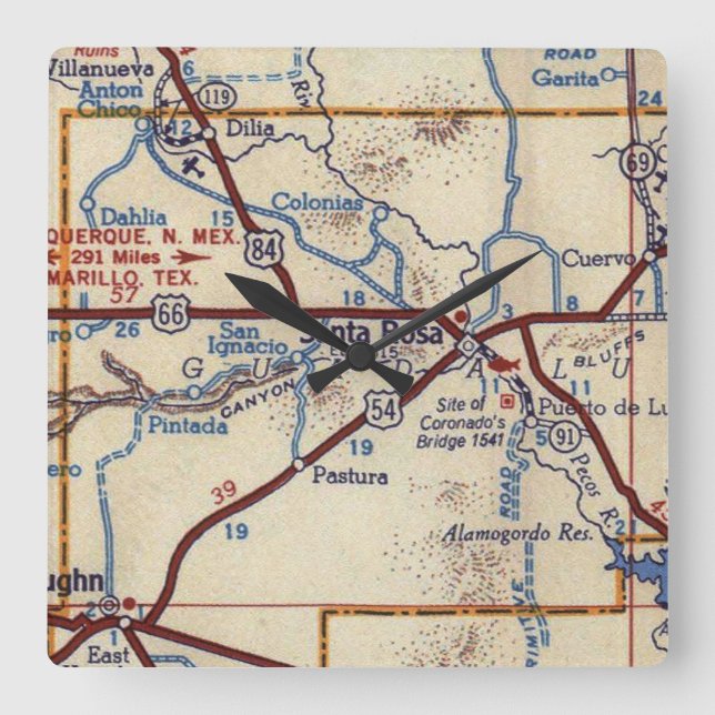 Santa Rosa NM Vintage Map Square Wall Clock (Front)