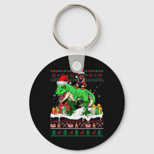 Santa Rottweiler Riding T-rex Christmas Sweater Lo Keychain