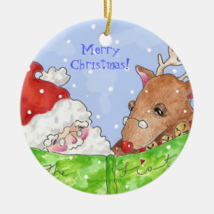 santa , rudolf and list ceramic ornament