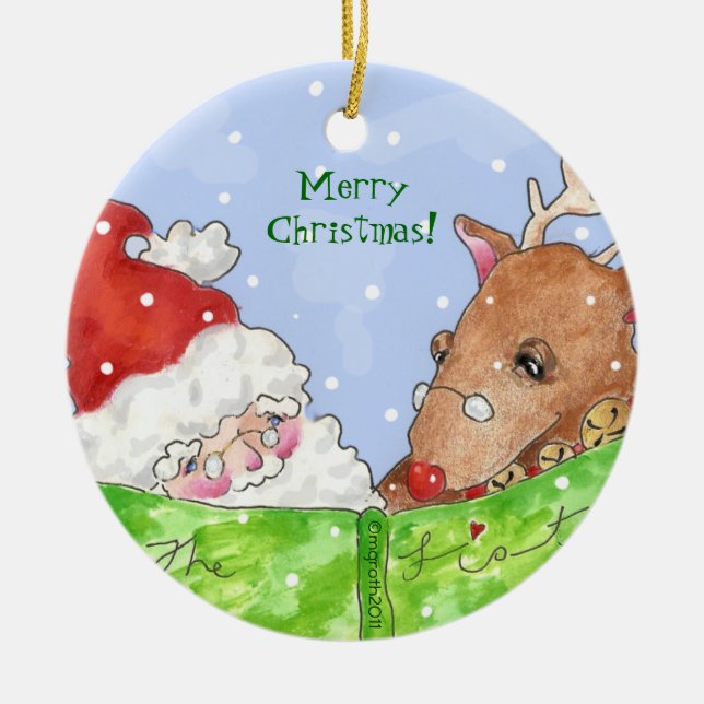 santa, rudolph and the list! ceramic ornament (Front)