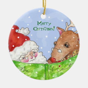 santa, rudolph and the list! ceramic ornament