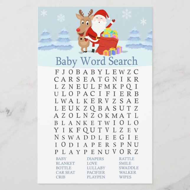 Santa, Rudolph Baby Shower Word Search Game (Front)