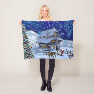 Santa Rudolph Elf with Sled Fleece Blanket