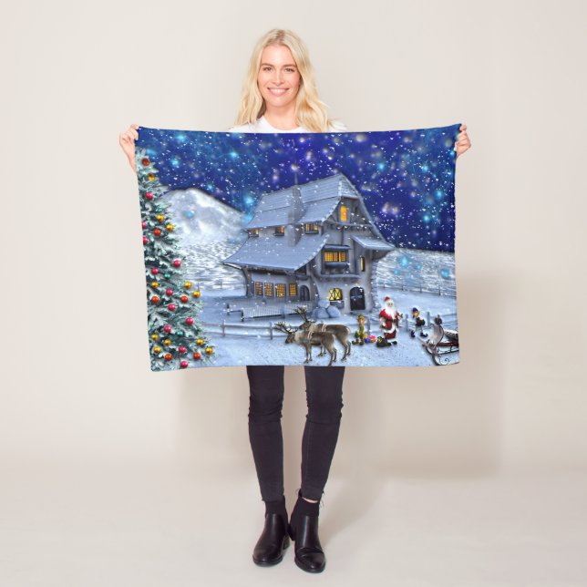 Santa Rudolph Elf with Sled Fleece Blanket (In Situ)