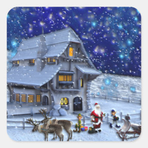 Santa Rudolph Elf with Sled Square Sticker