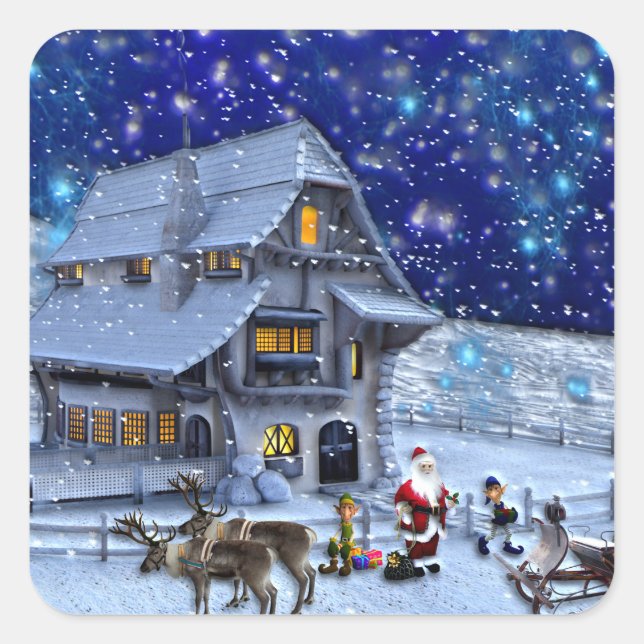 Santa Rudolph Elf with Sled Square Sticker (Front)