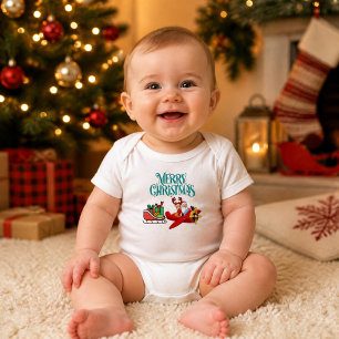Santa & Rudolph in Airplane with Sleigh,Christmas Baby Bodysuit