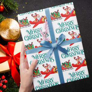 Santa & Rudolph in Airplane with Sleigh,Christmas Wrapping Paper
