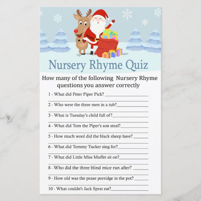 Santa, Rudolph Nursery Rhyme Quiz baby shower game (Front)