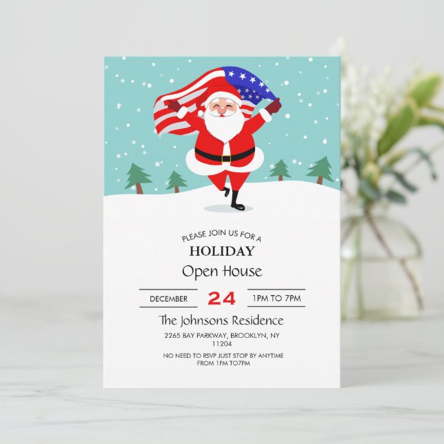 Santa running with american flag                   invitation (Standing Front)
