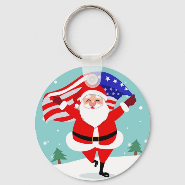Santa running with american flag keychain (Front)