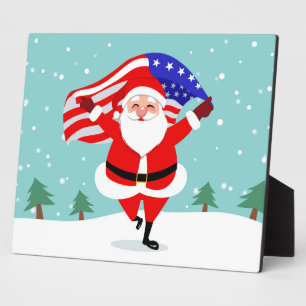 Santa running with american flag plaque