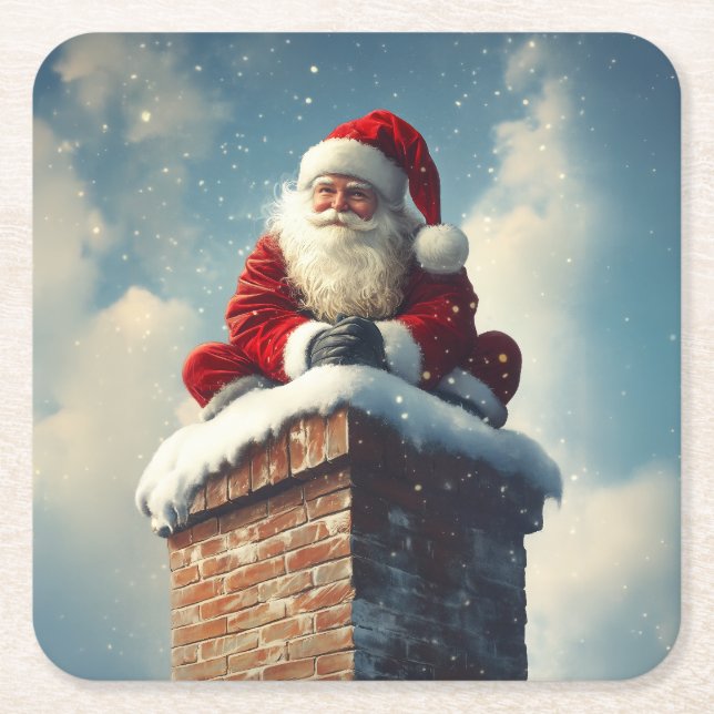 Santa’s Chimney Pause: A Winter’s Smile Square Paper Coaster (Front)