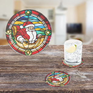Santa’s Coming to Town Stained Glass Look  Round Paper Coaster