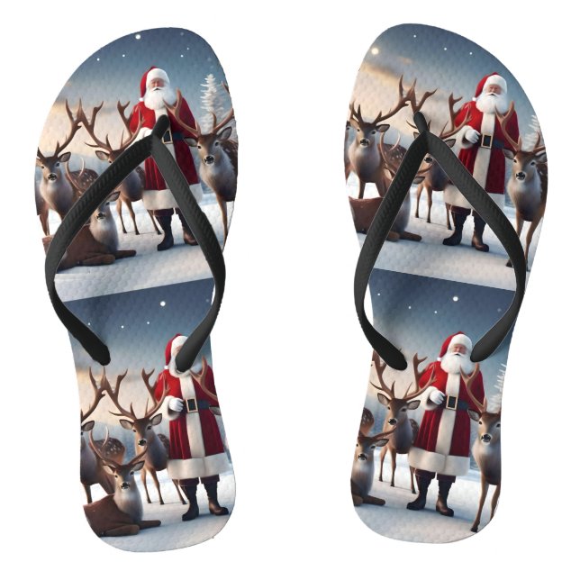 Santa’s Crew: Father Christmas Poses Reindeers Flip Flops (Footbed)
