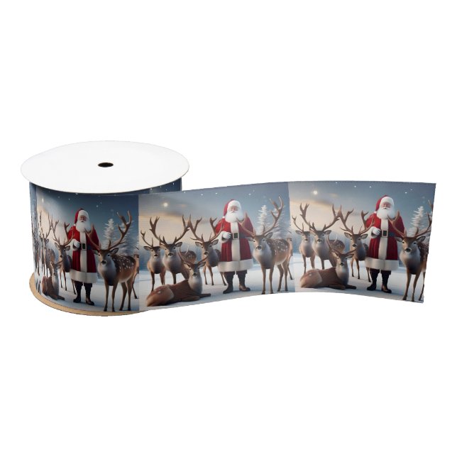 Santa’s Crew: Father Christmas Poses Reindeers Satin Ribbon (Spool)