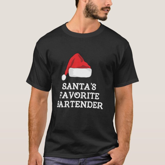 Santa s Favourite Bartender Christmas Hat Funny Xm T-Shirt (Front)