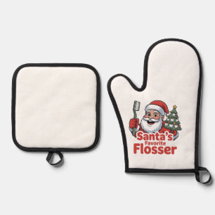 Santa’s Favourite Flosser Christmas Dental Dentist Oven Mitt & Pot Holder Set