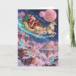 Santa’s Flying Sleigh Over Floating Islands Holiday Card