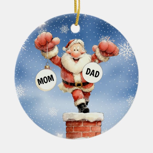 Santa’s Joyful Chimney Dance Ceramic Ornament  (Front)