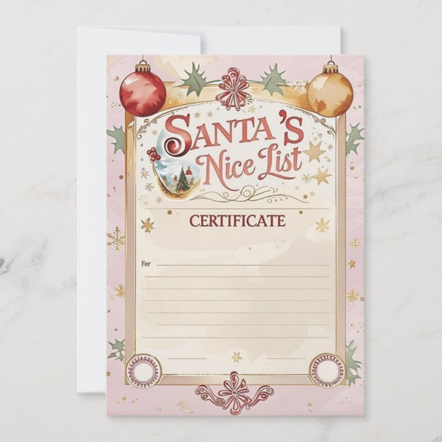 Santa’s Nice List Certificate | Pastel Pink & Gold Invitation (Front)