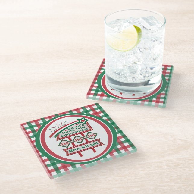 Santa’s Retro Marquee – Ho Ho Ho Merry & Bright Glass Coaster (Angled)