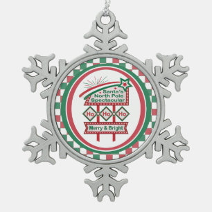Santa’s Retro Marquee – Ho Ho Ho Merry & Bright Snowflake Pewter Christmas Ornament