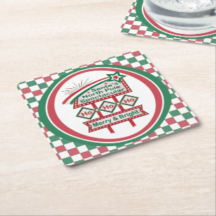 Santa’s Retro Marquee – Ho Ho Ho Merry & Bright Square Paper Coaster
