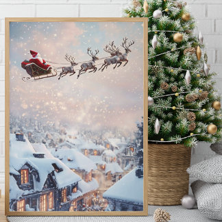 Santa’s Sleigh and Flying Reindeer  Poster