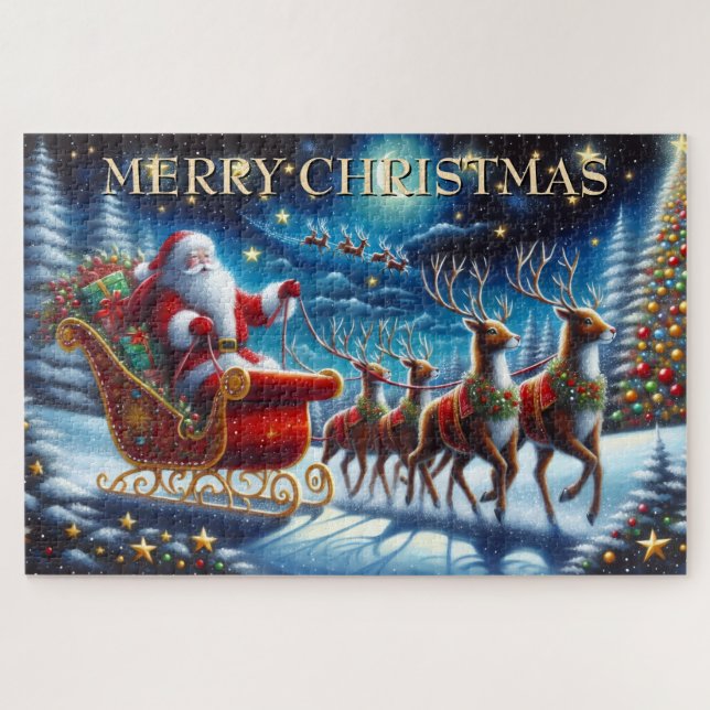 Santa’s Sleigh and Reindeer on Christmas Night Jigsaw Puzzle (Horizontal)