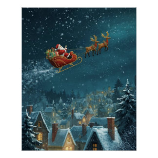Santa’s Sleigh over the town Poster
