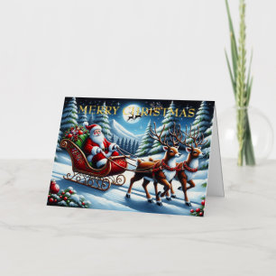 Santa’s Sleigh Through Snowy Forest at Christmas Foil Holiday Card
