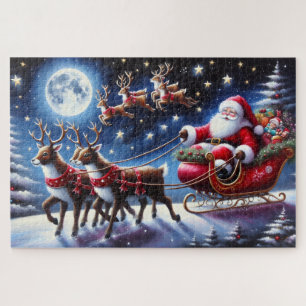 Santa’s Sleigh with Reindeer on Christmas Night Jigsaw Puzzle