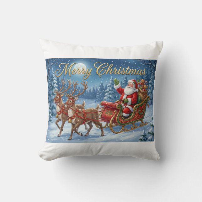 Santa’s Snowy Sleigh Ride Throw Pillow (Front)