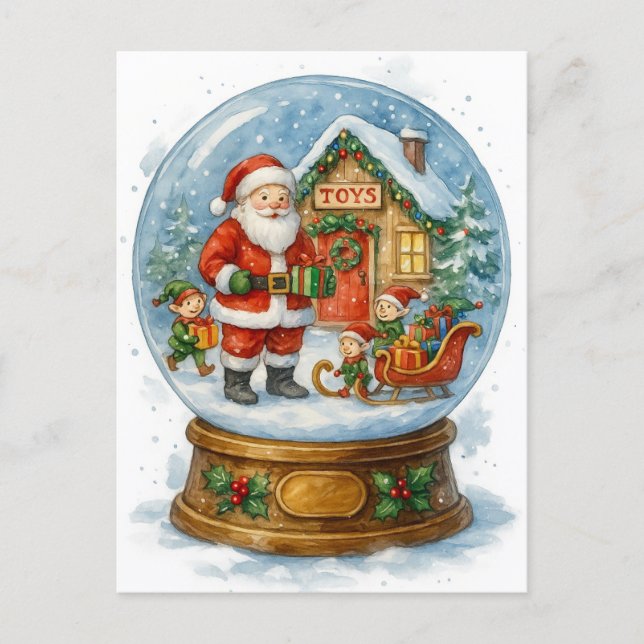 Santa’s Toy Workshop Christmas Snow Globe Postcard (Front)
