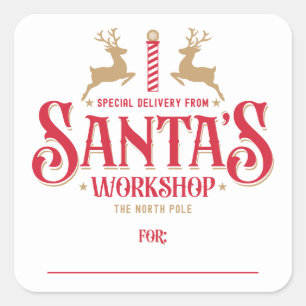 Santa’s Workshop Red Gold Holiday Gift Square Sticker