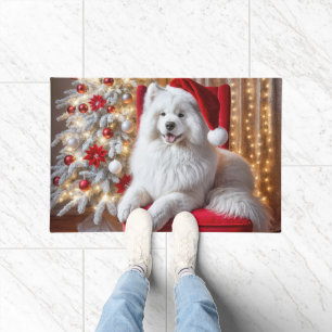 Santa Samoyed Dog On a Red Chair Doormat