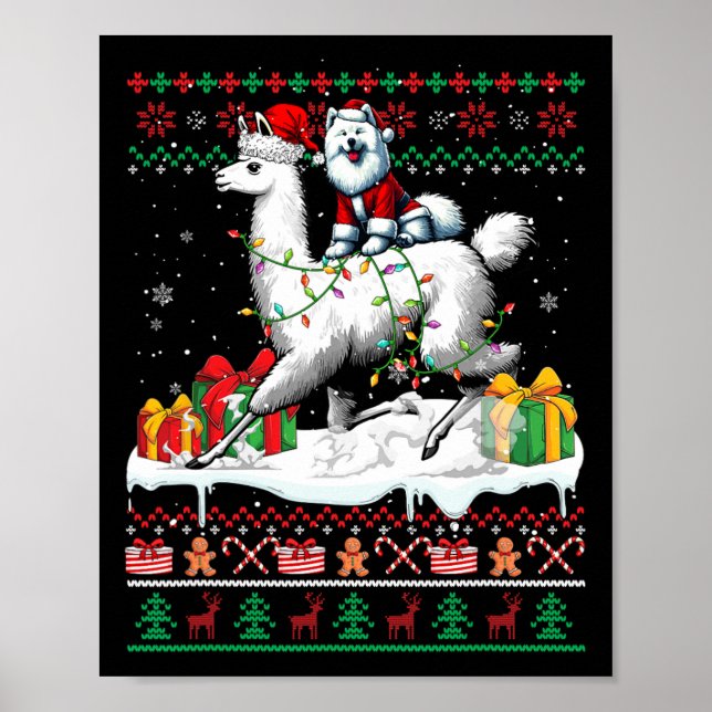 Santa Samoyed Riding Llama Christmas Sweater Lover Poster (Front)