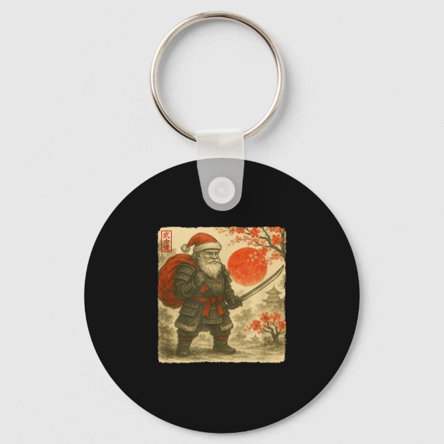 Santa Samurai Japanese Warrior Costume Sumi-e Art  Keychain (Front)
