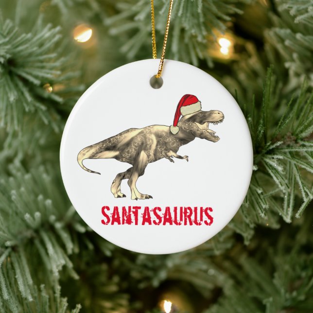 Santa saurus Christmas Dinosaur Scary T Rex Elf Ceramic Ornament (Tree)