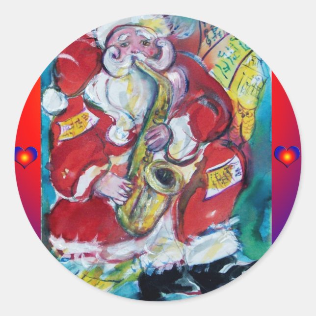 SANTA & SAX, CHRISTMAS PARTY CLASSIC ROUND STICKER (Front)